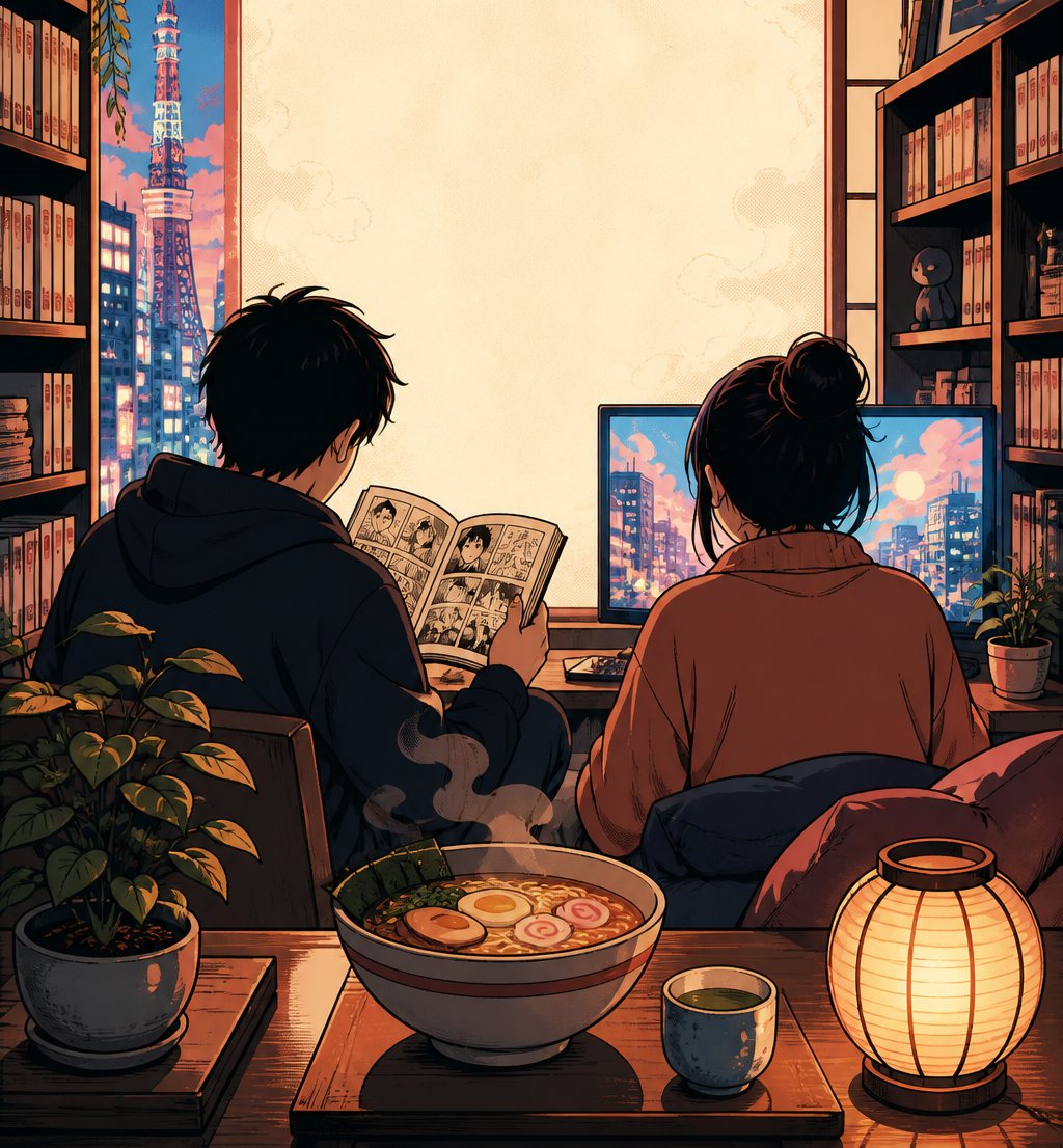 Deux passionnés découvrent un guide manga dans une ambiance japonaise chaleureuse